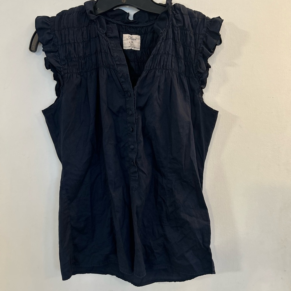 MAVI 100% Cotton Navy blue flutter sleeve button front blouse